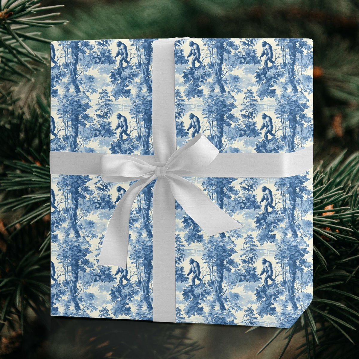 Bigfoot Blue Toile Christmas wrapping paper