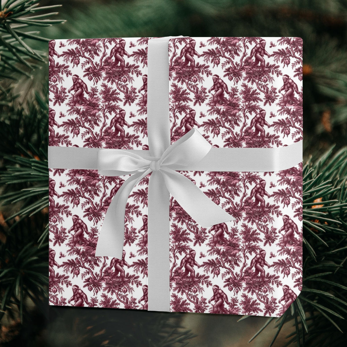 Bigfoot cranberry Christmas wrapping paper