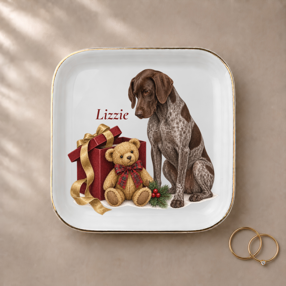 German Shorthaired Pointer (Liver & Roan) Bear Necessities jewelry dish styled with gold rings and a personalized name