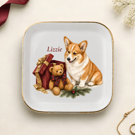 Personalized Pembroke Welsh Corgi Christmas jewelry dish with gold rim