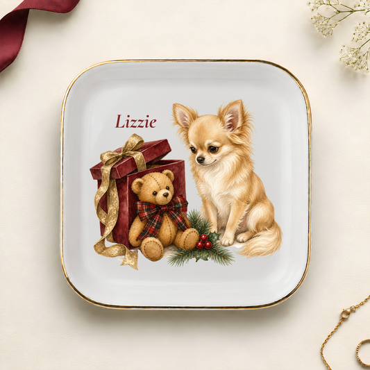 Personalized Longhaired Chihuahua Christmas jewelry dish with gold rim