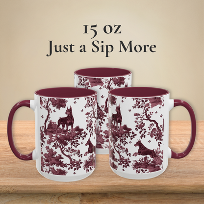 Doberman cranberry toile 15 oz ceramic mug — left, front and right views