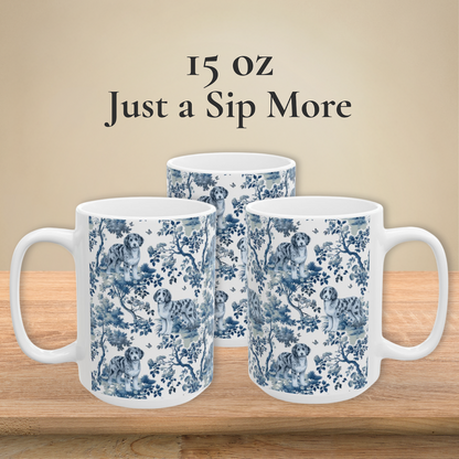 Aussiedoodle Garden Toile 15 oz ceramic mug — left, front and right views