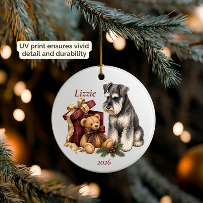 Personalized Miniature Schnauzer ornament hanging on a lit Christmas tree