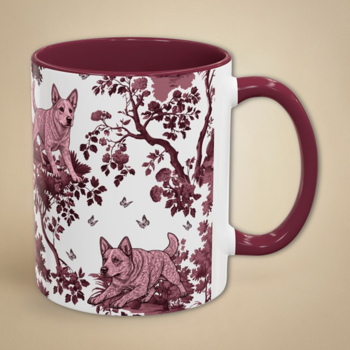 Australian Cattle Dog Cranberry Toile 11 oz ceramic mug, right view