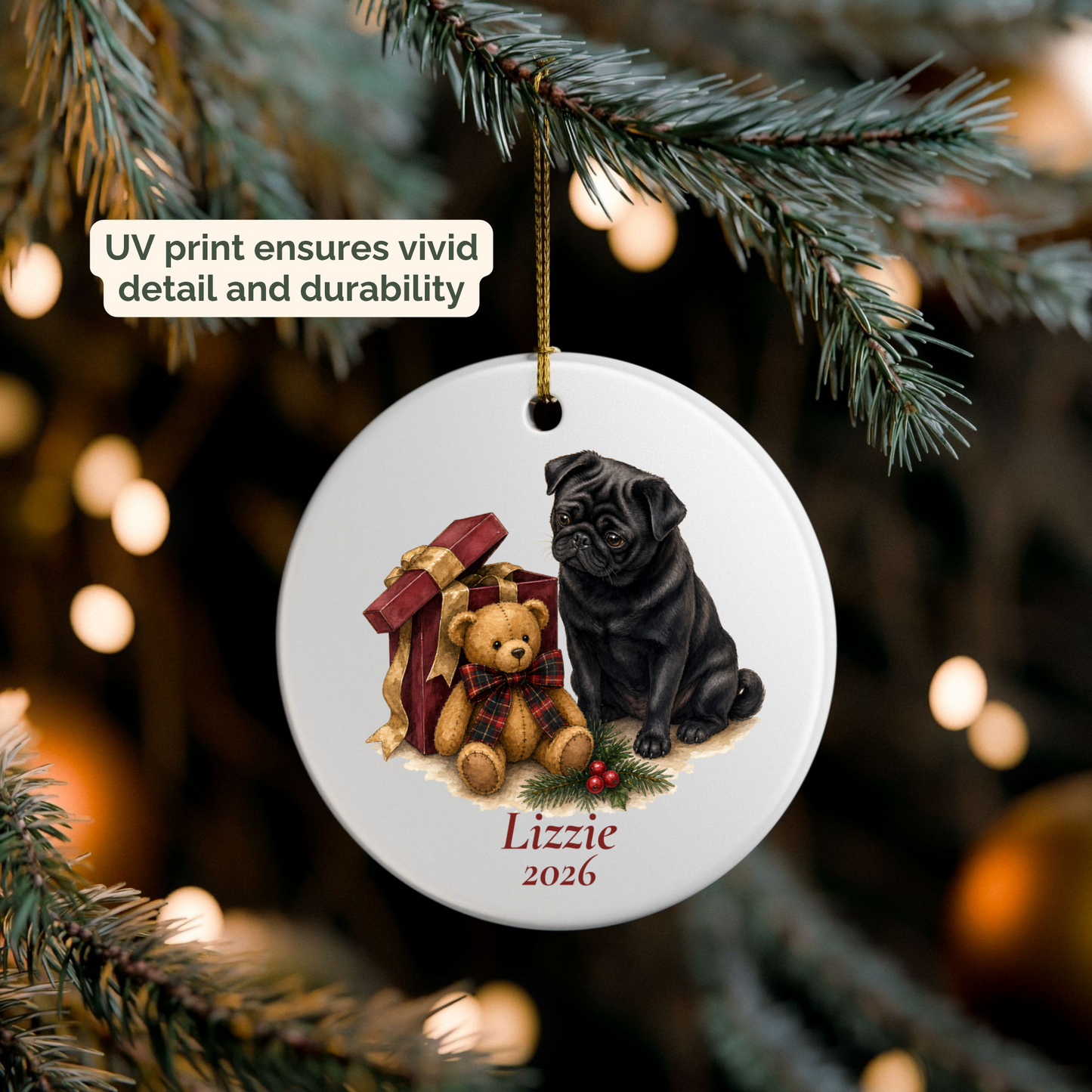 Personalized Pug (Black) ornament hanging on a lit Christmas tree