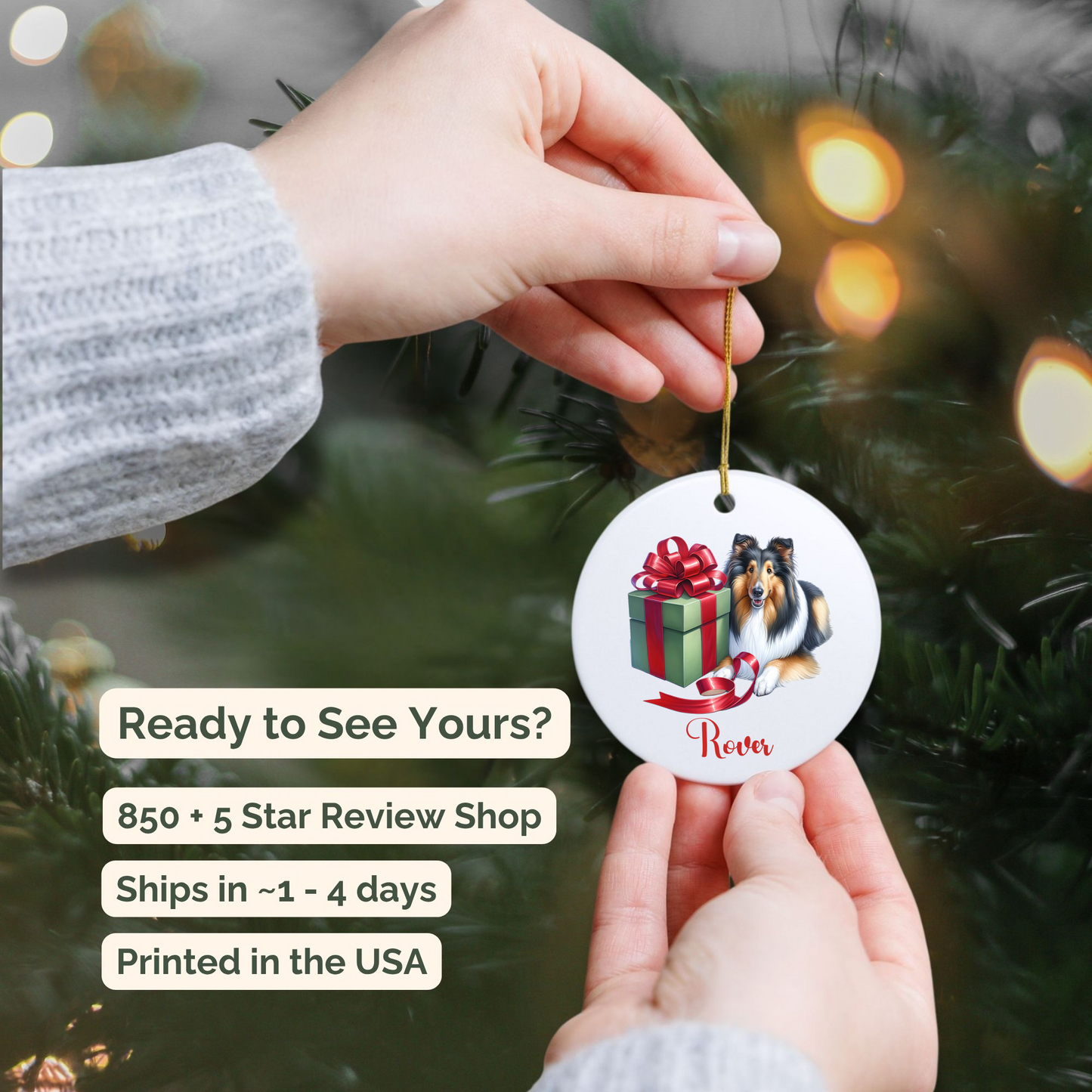 Rough Collie Ornament with Custom Name