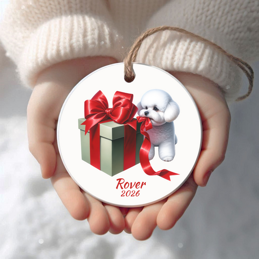 Personalized Bichon Frise Christmas ornament held in cupped hands