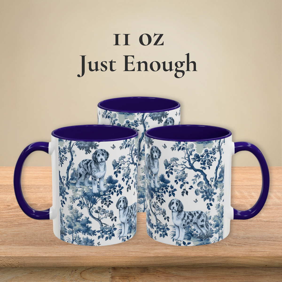 Aussiedoodle Garden Toile Deux 11 oz ceramic mug — left, front and right views