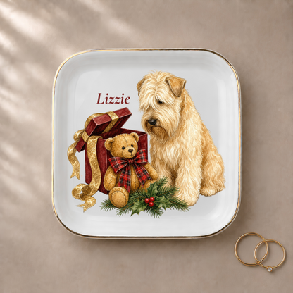 Wheaten Terrier jewelry dish styled with gold rings and a personalized name