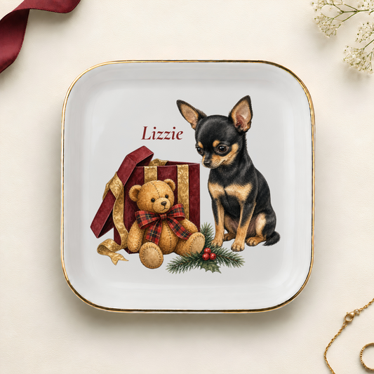 Personalized Chihuahua Christmas jewelry dish with gold rim