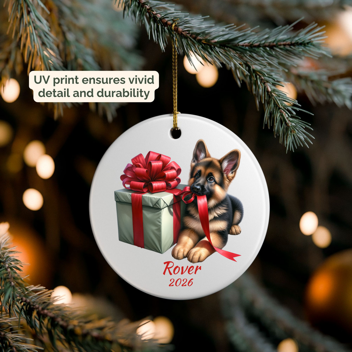Personalized German Shepherd ornament hanging on a lit Christmas tree