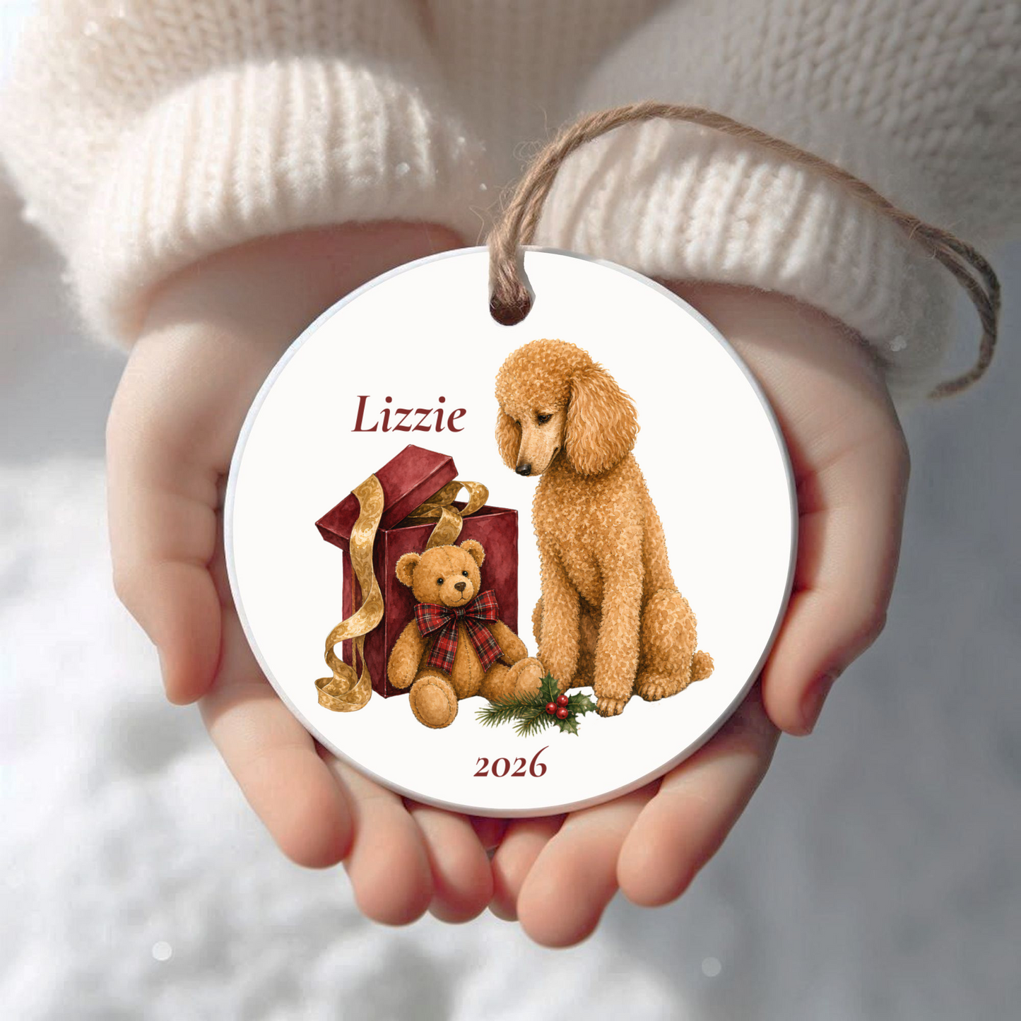 Personalized Standard Poodle (Apricot) Christmas ornament held in cupped hands