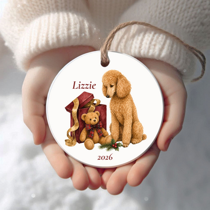 Personalized Standard Poodle (Apricot) Christmas ornament held in cupped hands