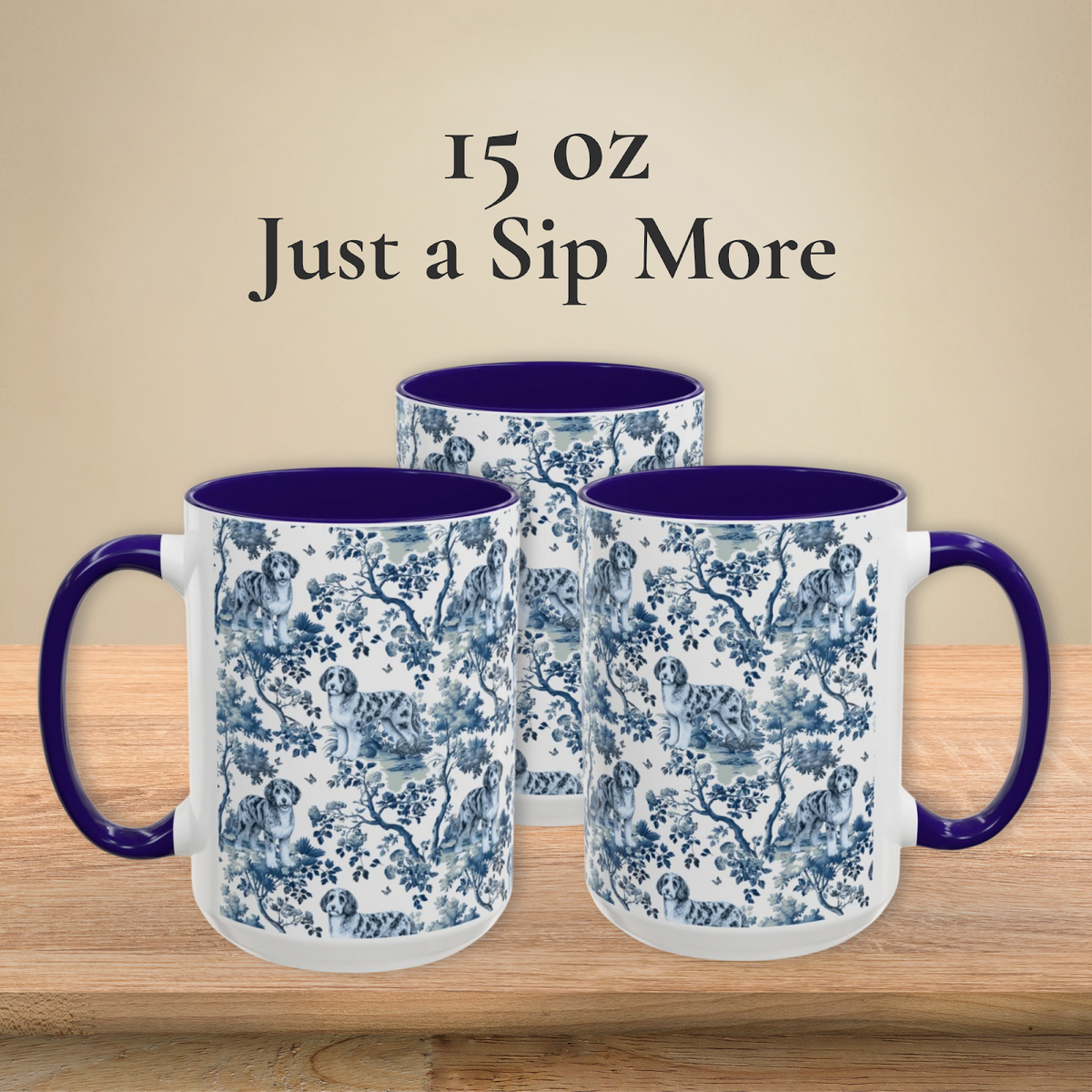 Aussiedoodle Petite Garden Toile 15 oz ceramic mug — left, front and right views