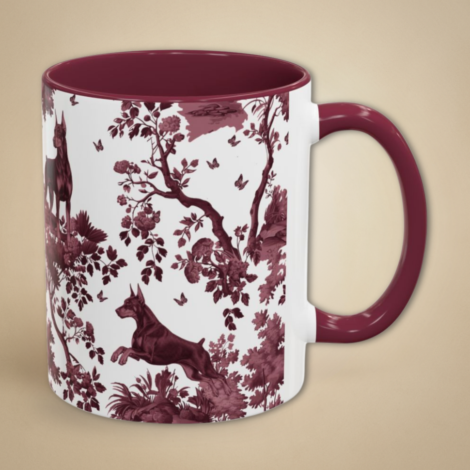 Doberman cranberry toile 11 oz ceramic mug, right view