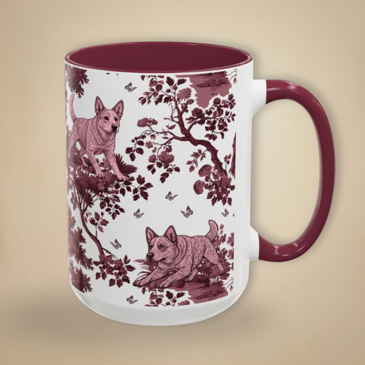 Australian Cattle Dog Cranberry Toile 15 oz ceramic mug, right view