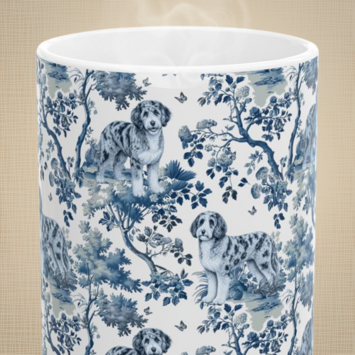 Aussiedoodle Garden Toile 15 oz ceramic mug, front view