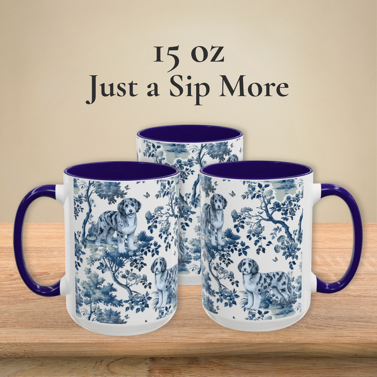 Aussiedoodle Garden Toile Deux 15 oz ceramic mug — left, front and right views
