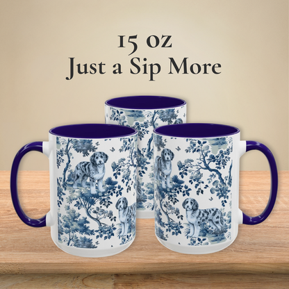 Aussiedoodle Garden Toile Deux 15 oz ceramic mug — left, front and right views