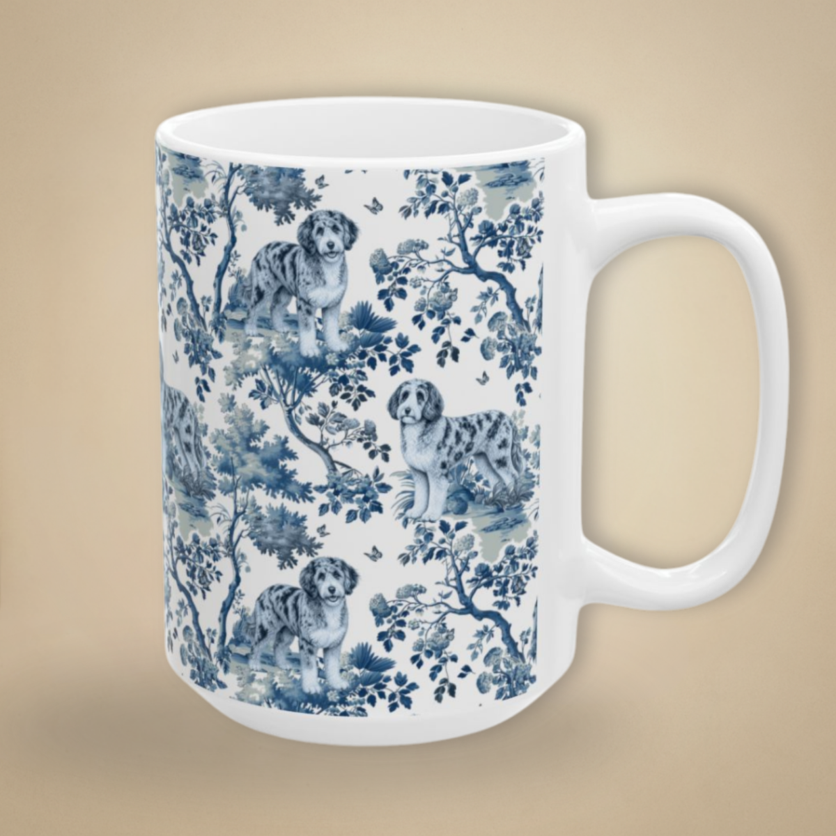 Aussiedoodle Garden Toile 15 oz ceramic mug, right view