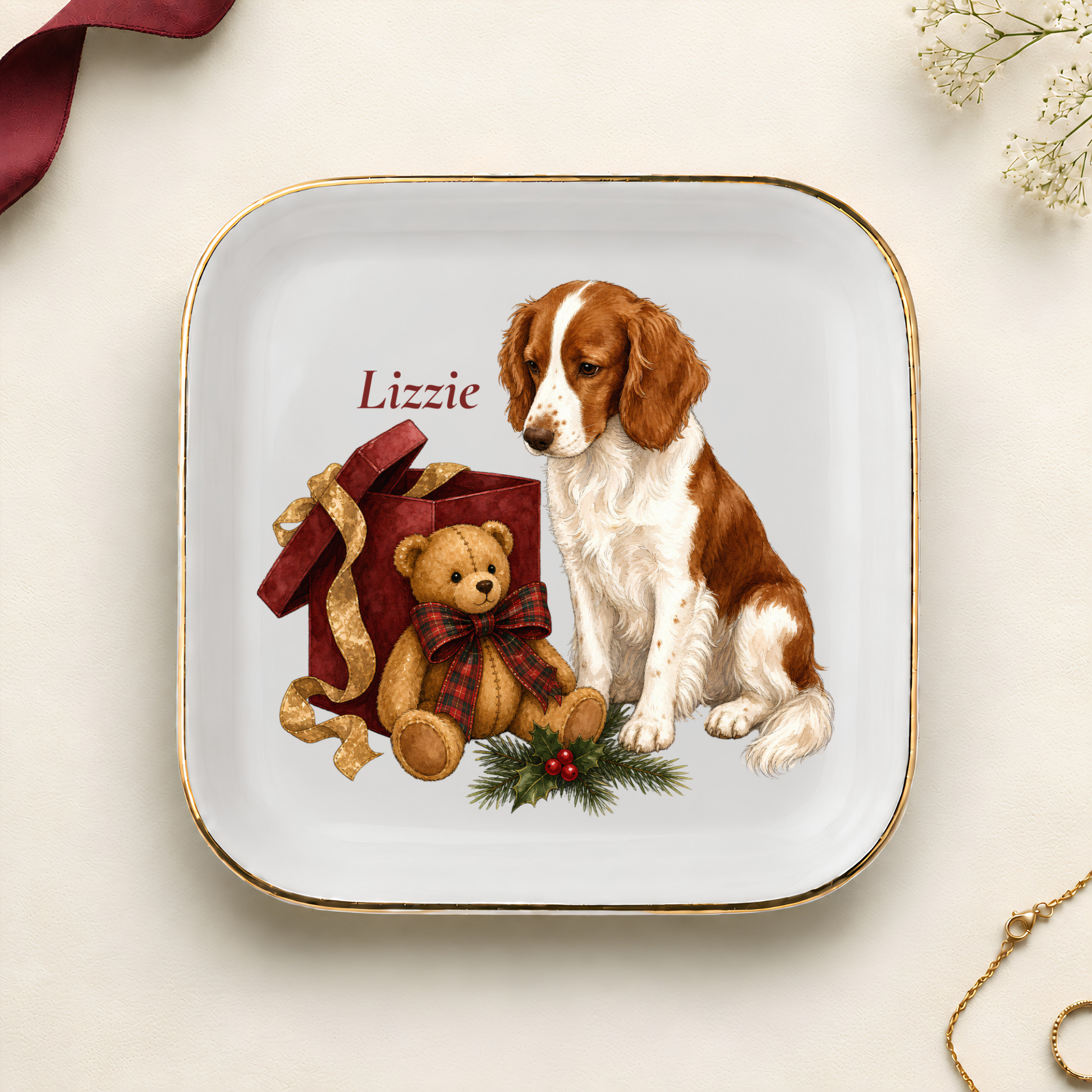 Personalized Welsh Springer Spaniel Christmas jewelry dish with gold rim