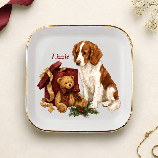 Personalized Welsh Springer Spaniel Christmas jewelry dish with gold rim