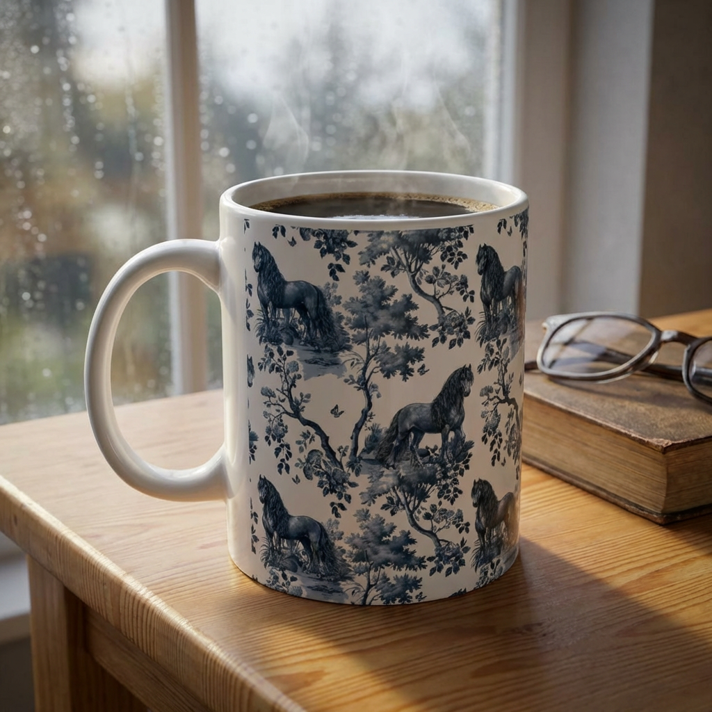 Friesian Horse Mug - Blue Toile Pattern
