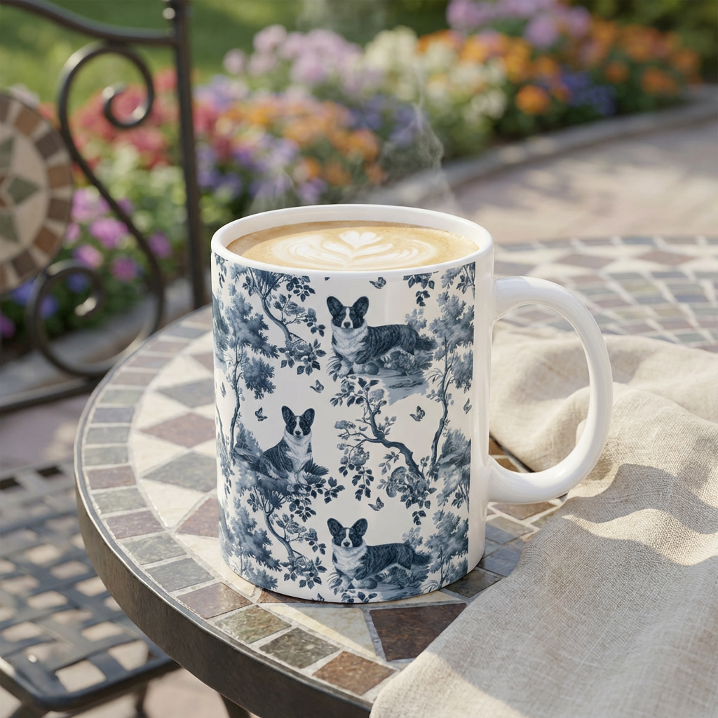 Cardigan Welsh Corgi Mug - Blue Toile Pattern