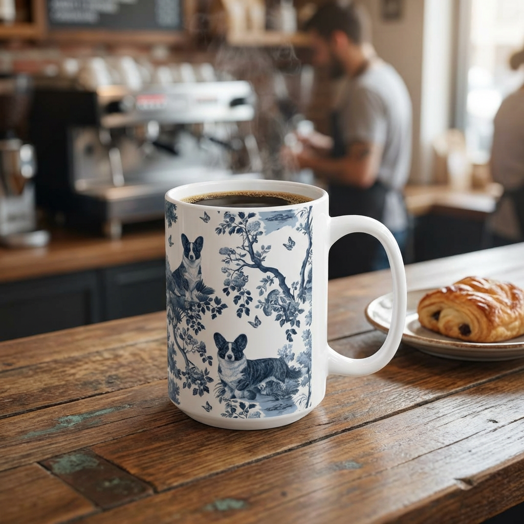 Cardigan Welsh Corgi Mug - Blue Toile Pattern