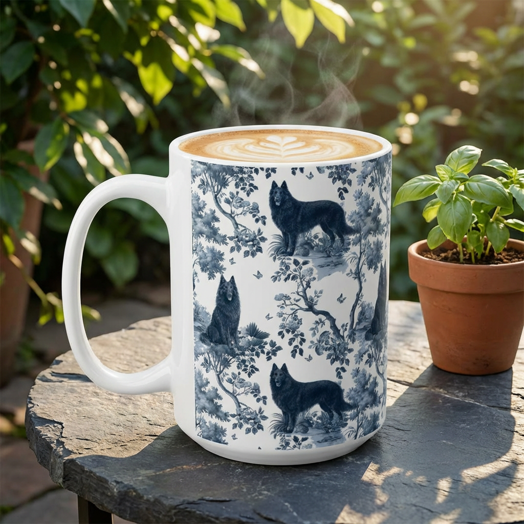 Belgian Sheepdog (Groenendael) Mug - Blue Toile Pattern