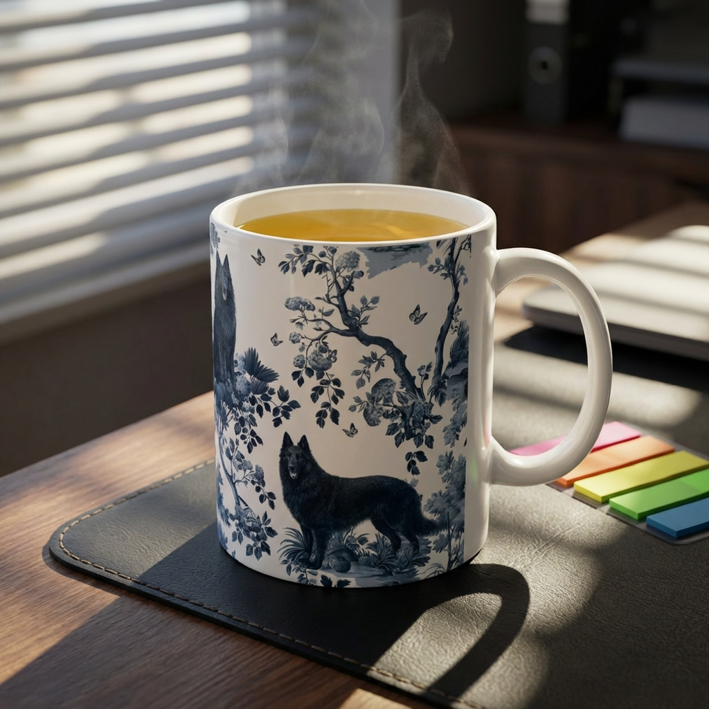 Belgian Sheepdog (Groenendael) Mug - Blue Toile Pattern