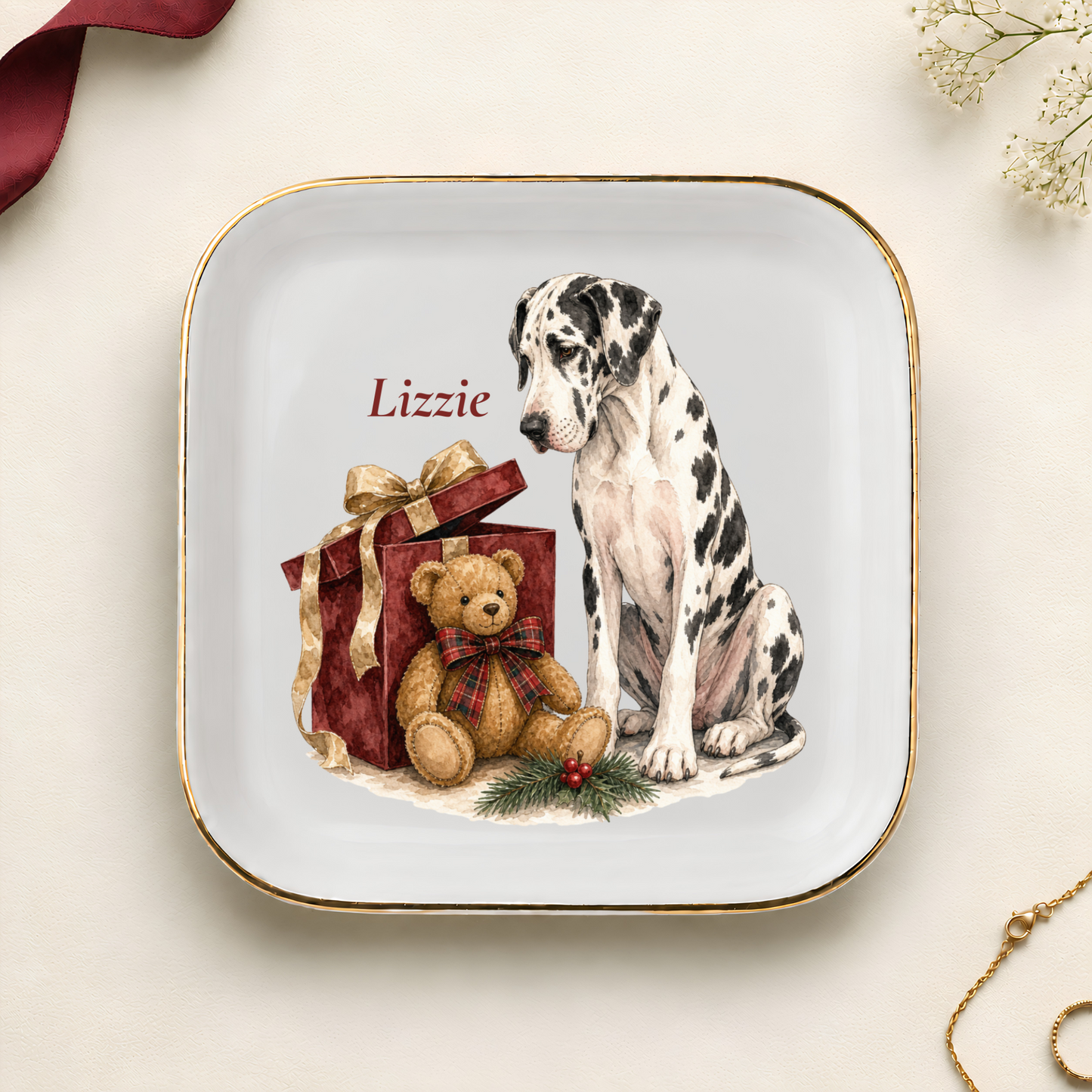 Personalized Great Dane Christmas jewelry dish with gold rim