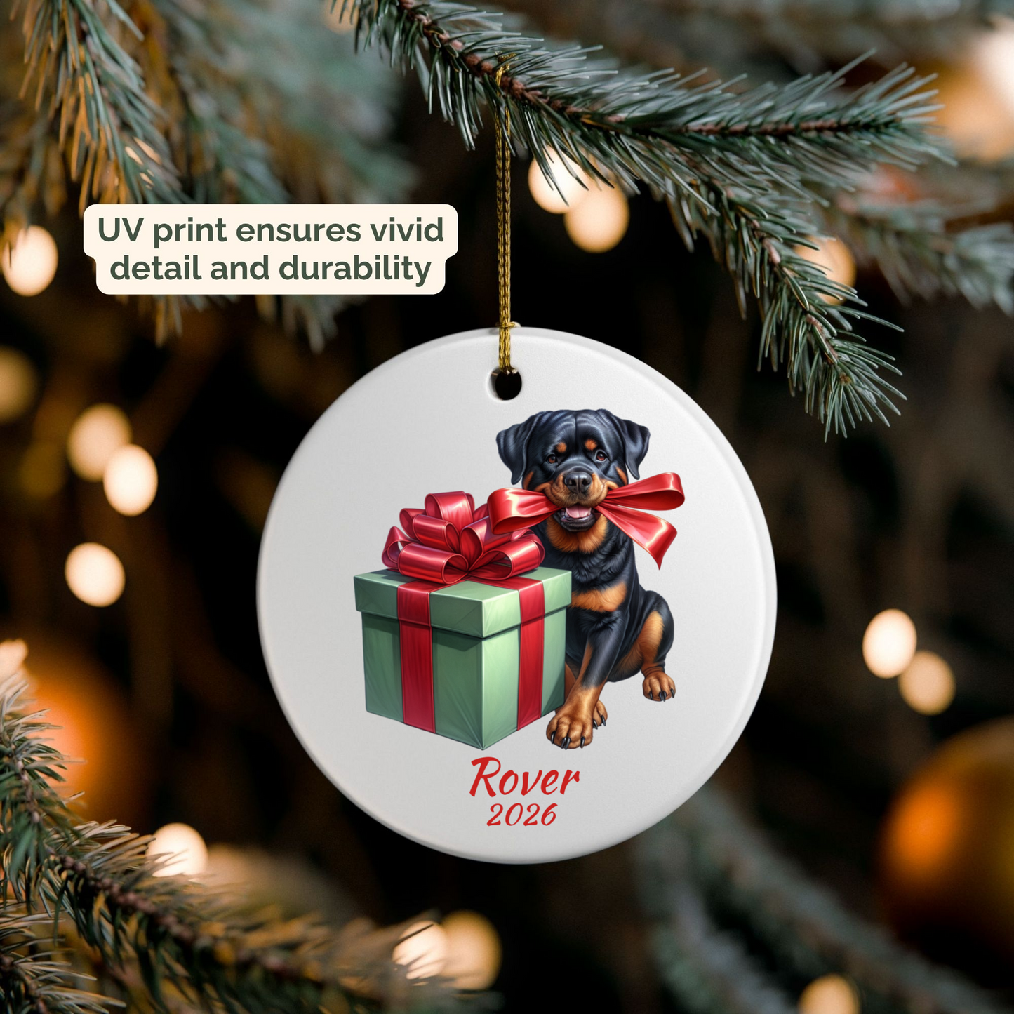 Personalized Rottweiler ornament hanging on a lit Christmas tree