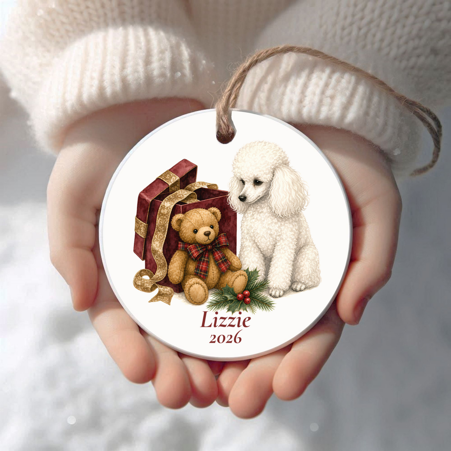 Personalized Miniature Poodle Christmas ornament held in cupped hands
