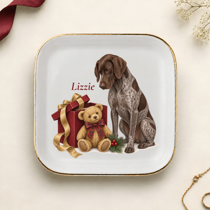 Personalized German Shorthaired Pointer (Liver & Roan) Bear Necessities Christmas jewelry dish with gold rim