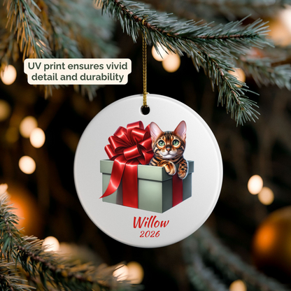 Personalized Bengal Cat ornament hanging on a lit Christmas tree
