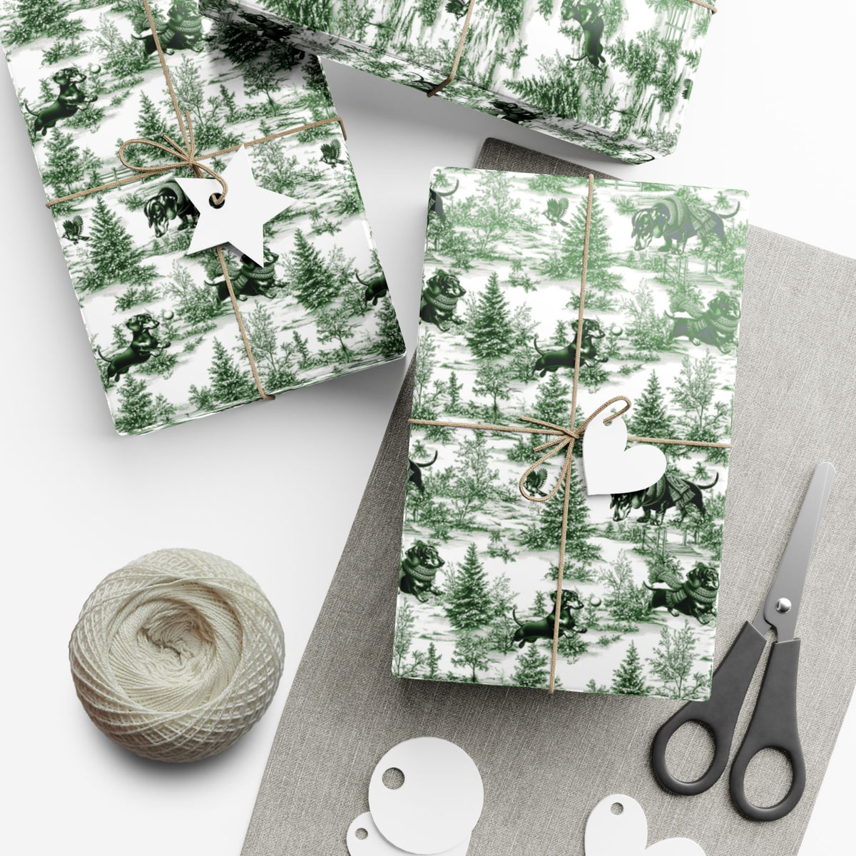 Dachshund green winter toile Christmas wrapping paper
