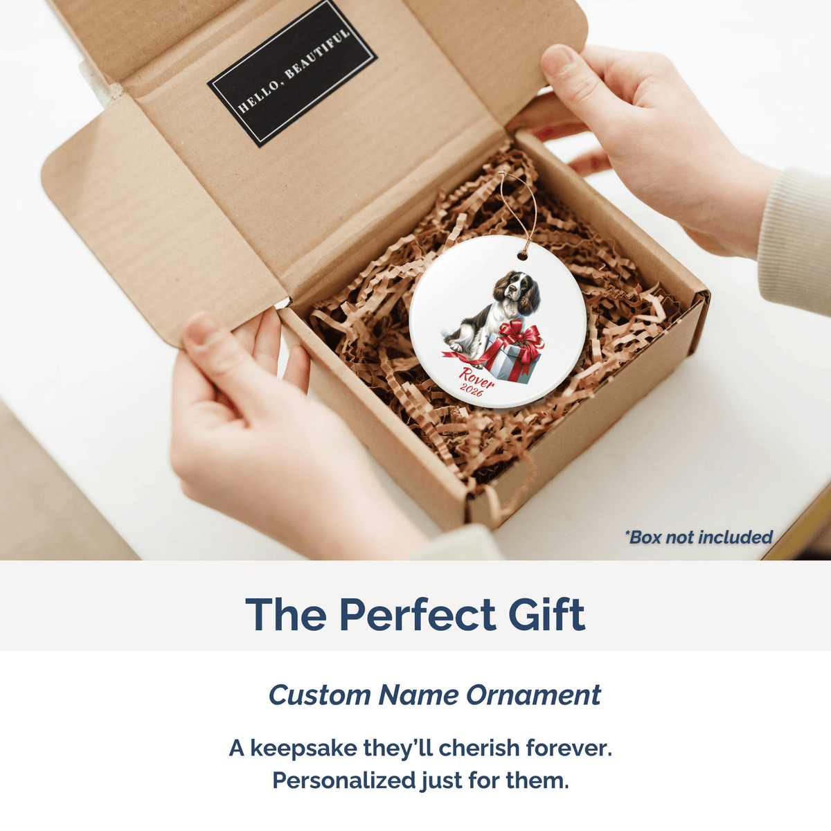 English Springer Spaniel personalized ornament packed in a gift mailer box