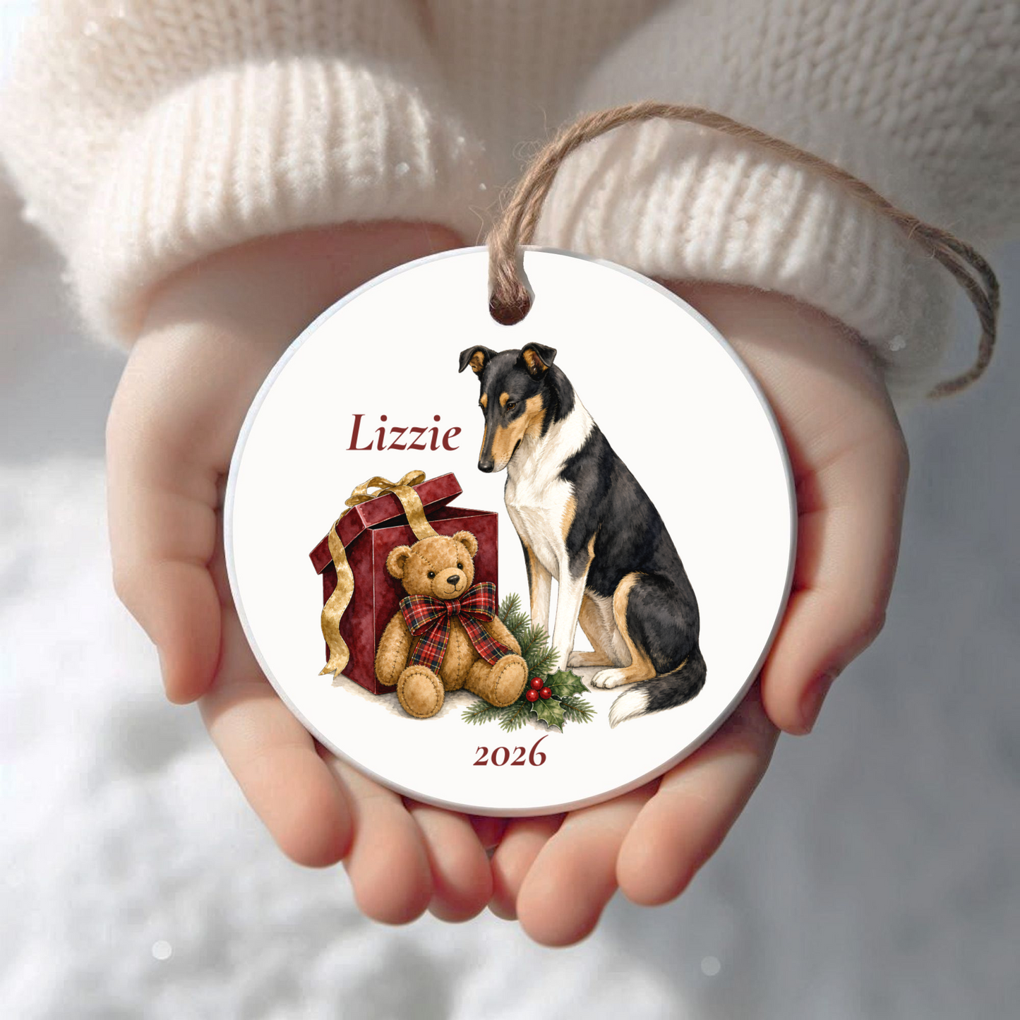 Personalized Smooth Collie (Tricolor) Christmas ornament held in cupped hands