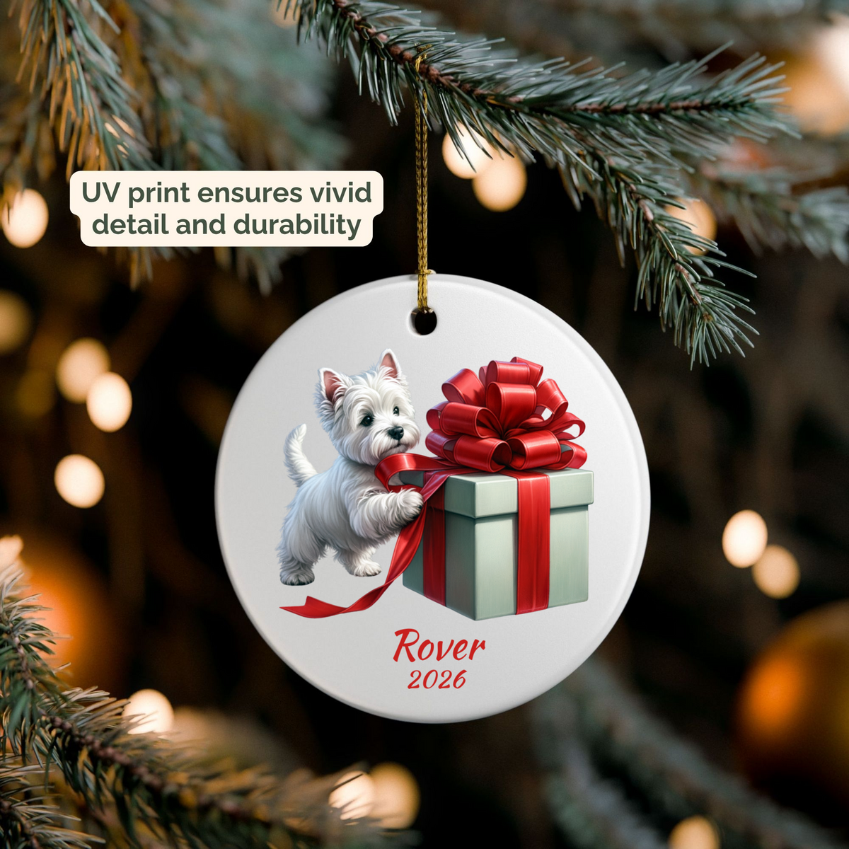 Personalized West Highland Terrier ornament hanging on a lit Christmas tree