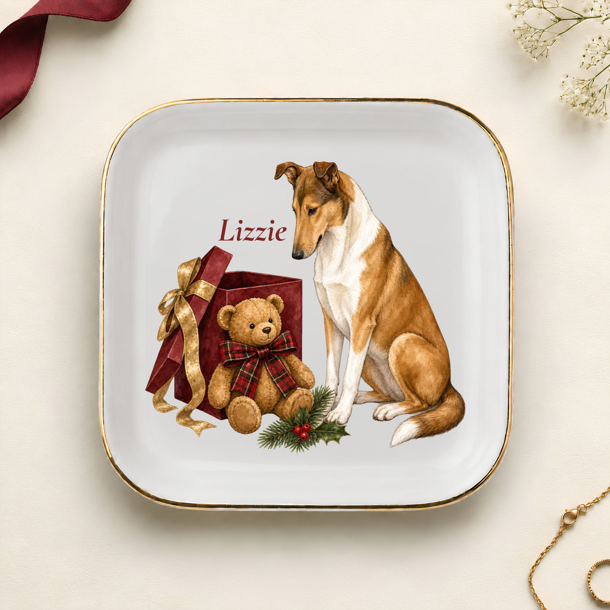 Personalized Smooth Collie Christmas jewelry dish with gold rim
