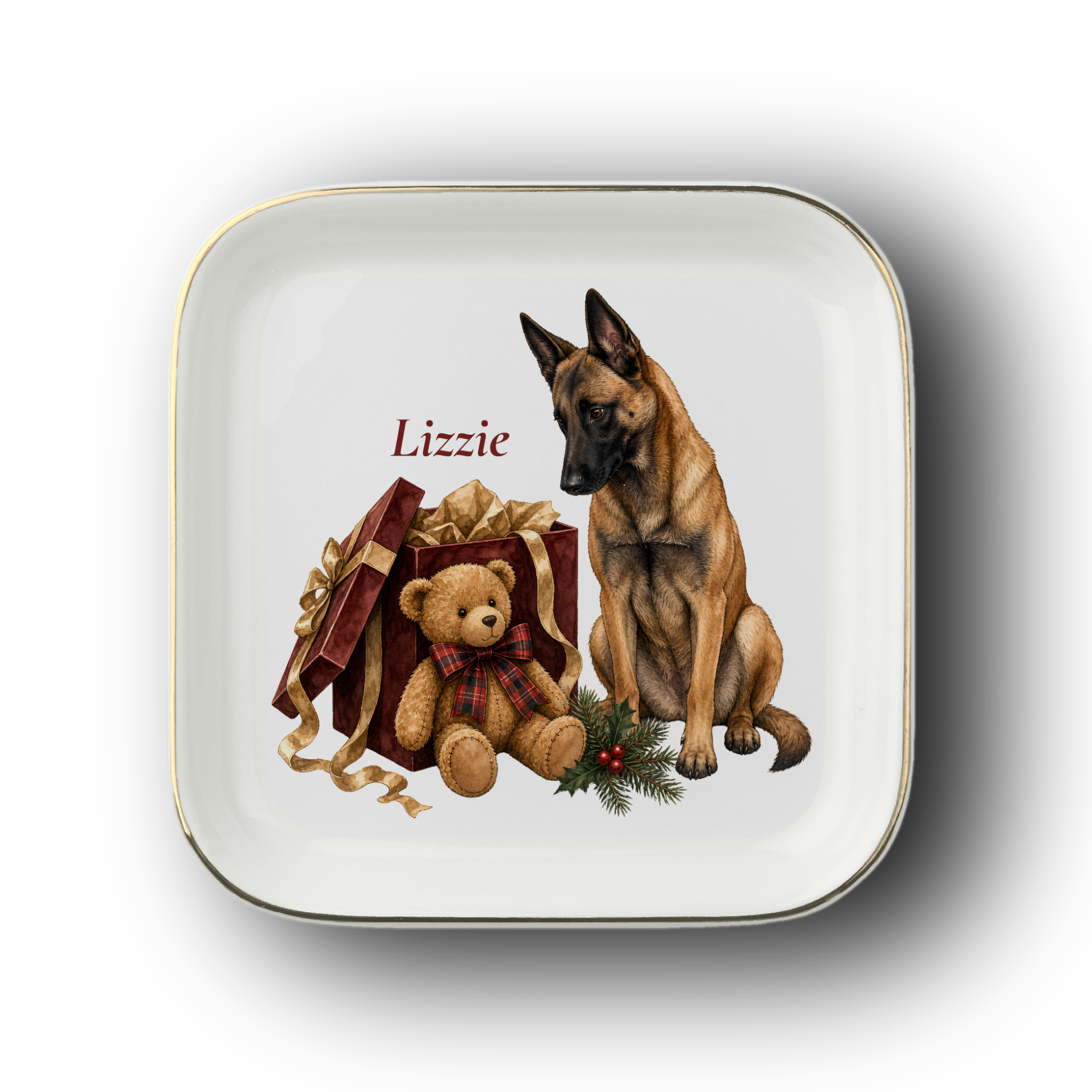 Belgian Malinois jewelry dish on a white background