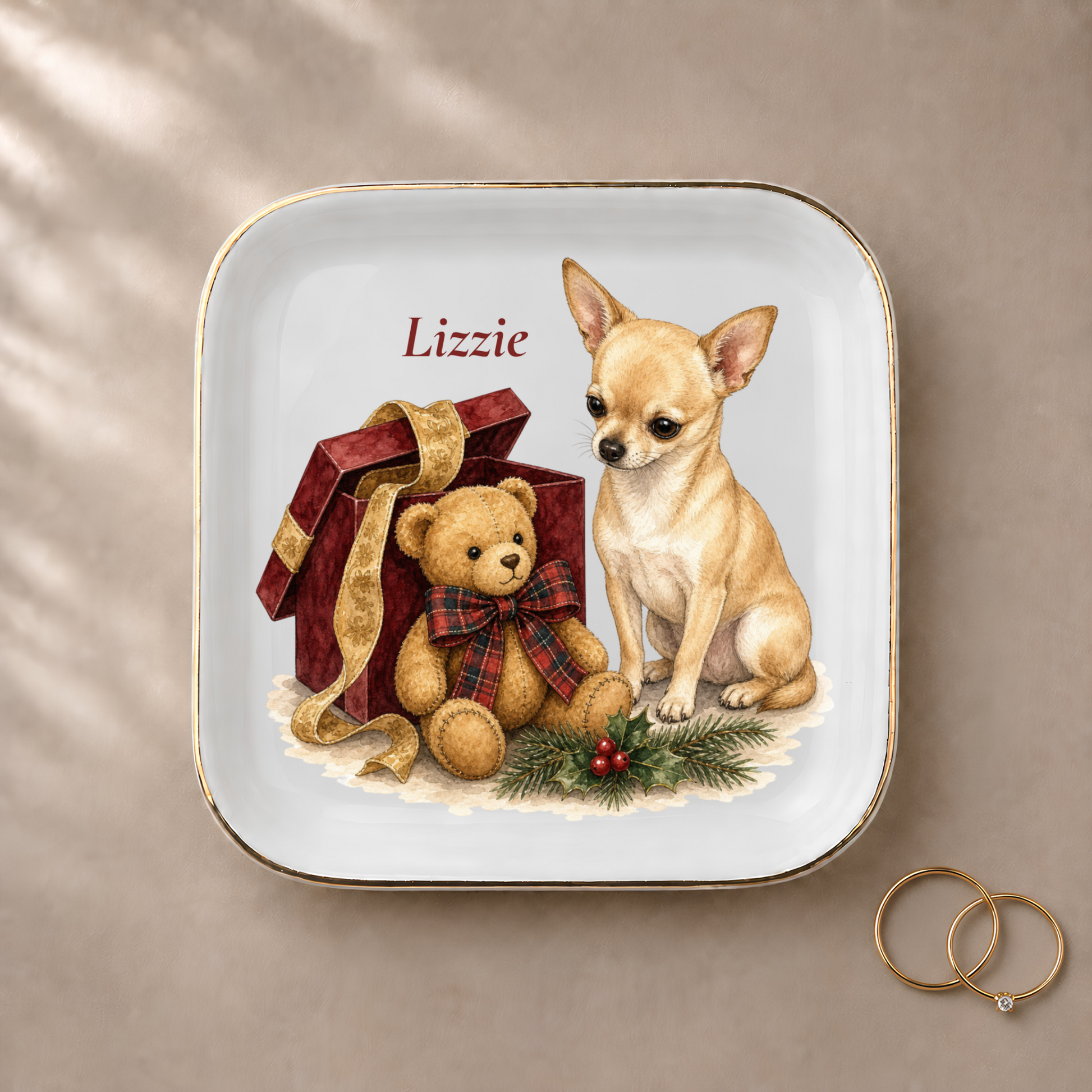 Chihuahua jewelry dish styled with gold rings and a personalized name