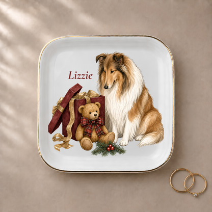 Rough Collie jewelry dish styled with gold rings and a personalized name