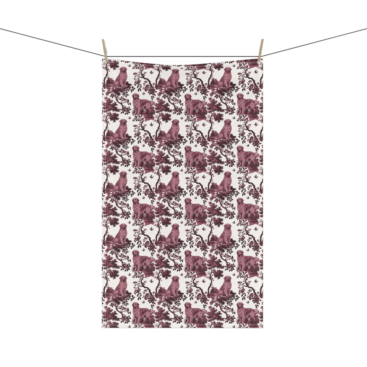 Golden Retriever Tea Towel with cranberry toile design, hanging from a clothesline, showing the full repeating design.