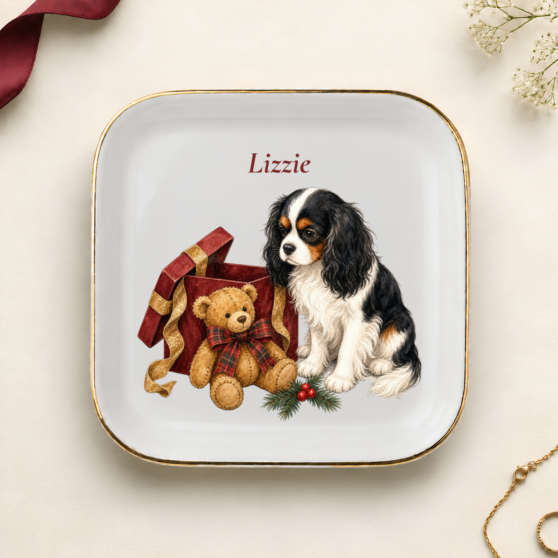 Personalized Cavalier King Charles Spaniel Christmas jewelry dish with gold rim