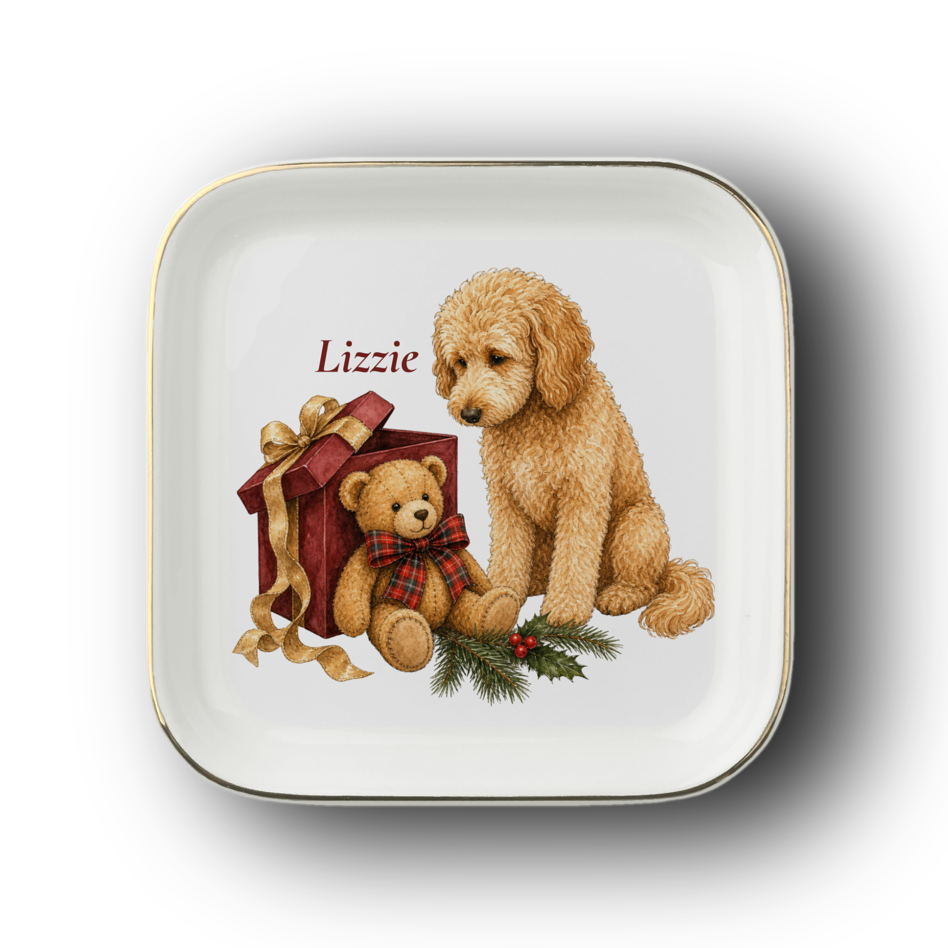 Goldendoodle jewelry dish on a white background