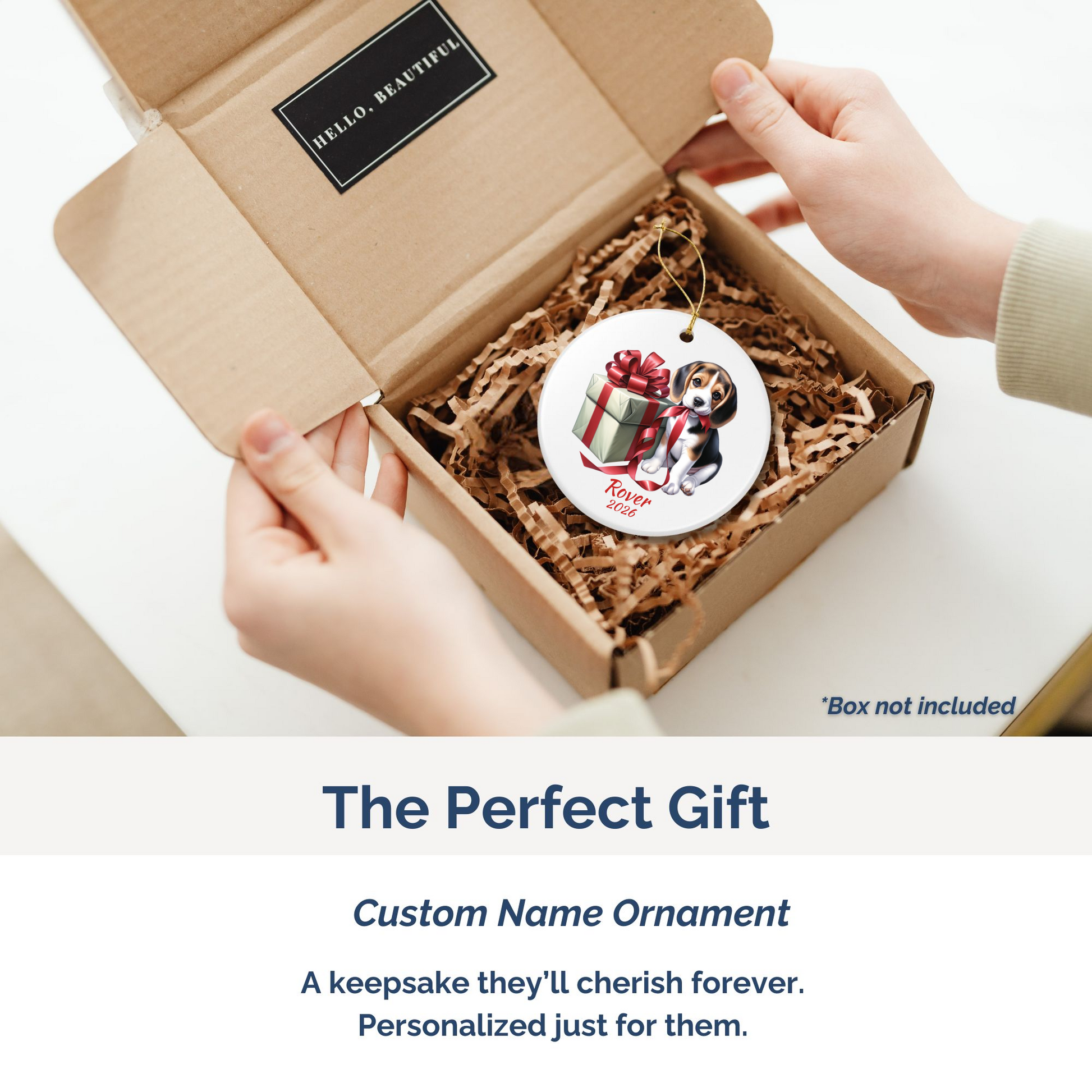 Beagle personalized ornament packed in a gift mailer box