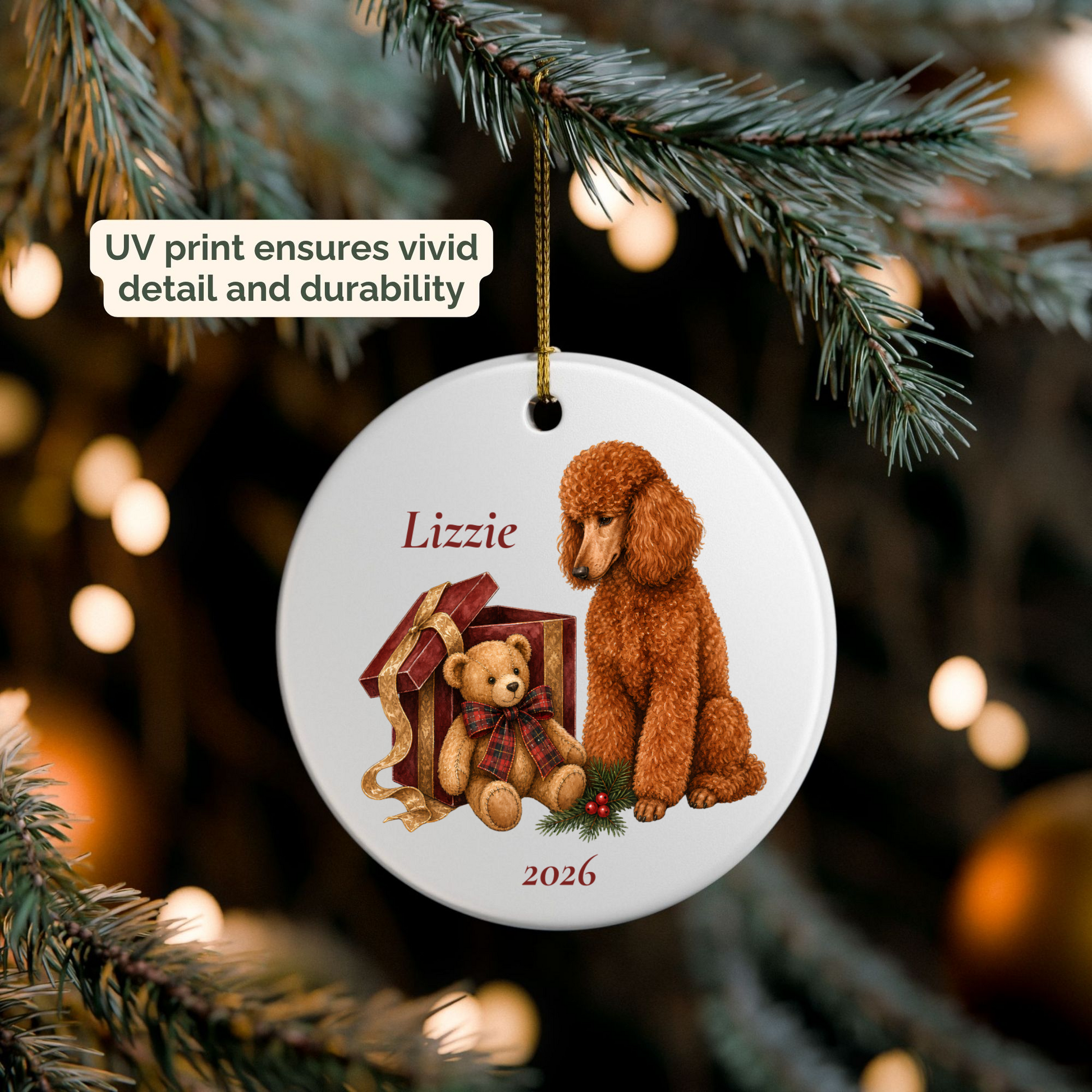Personalized Standard Poodle ornament hanging on a lit Christmas tree